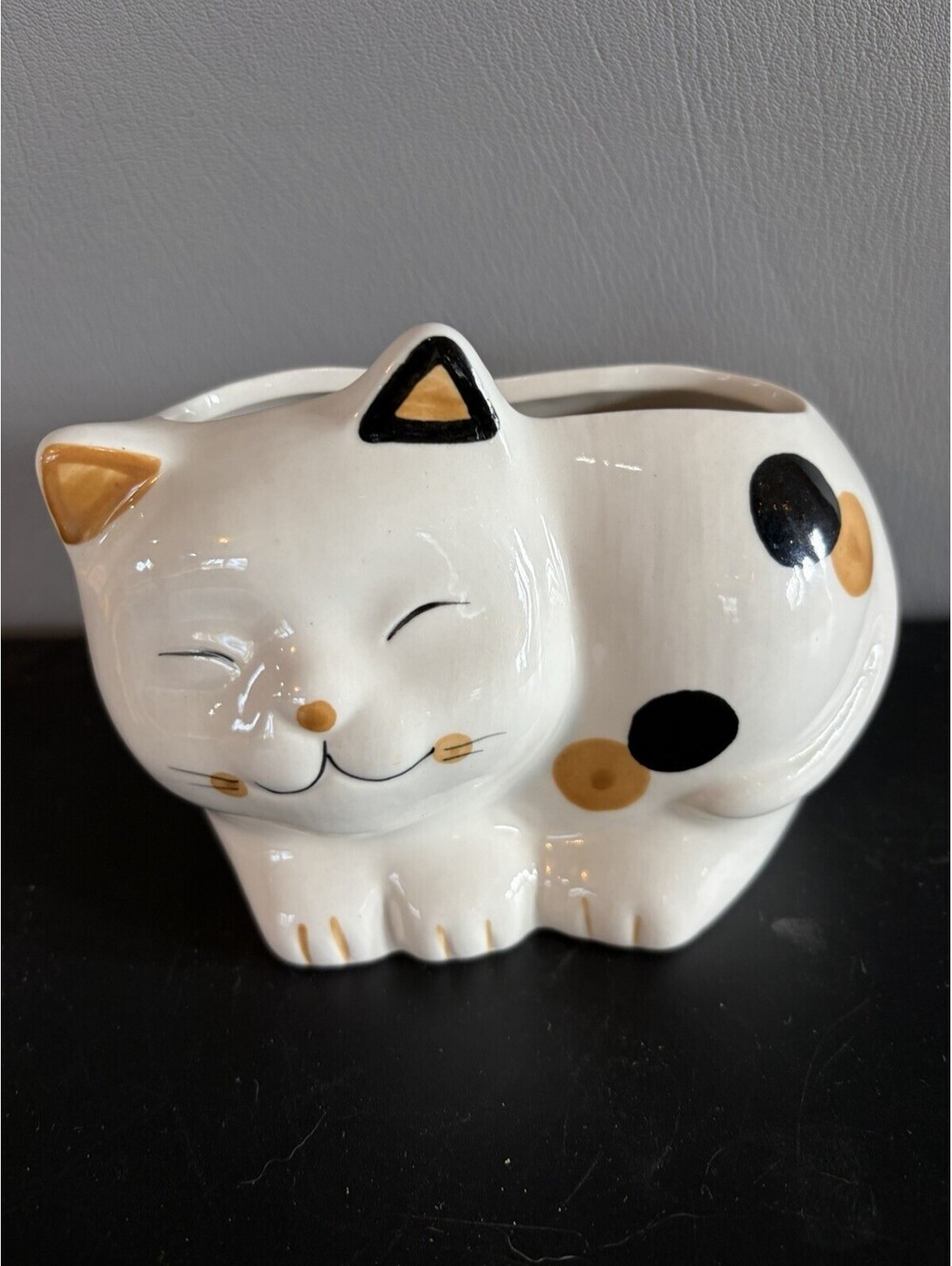 Ceramic Cat Shaped Planter - Calico Pattern White, Black, & Gold Spots